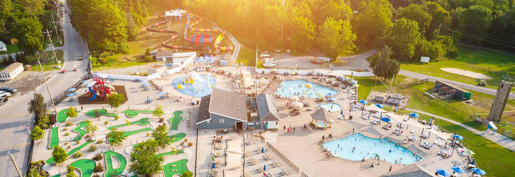 Aerial view of the Sherkston Shores waterpark and pools